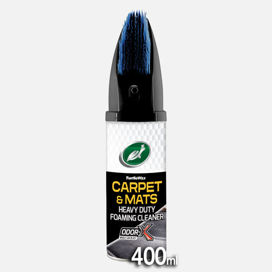 Turtle Wax Carpet & Mats cleaner, with a scrubbing brush top, tackles heavy-duty stains and eliminates odours in vehicles & homes.