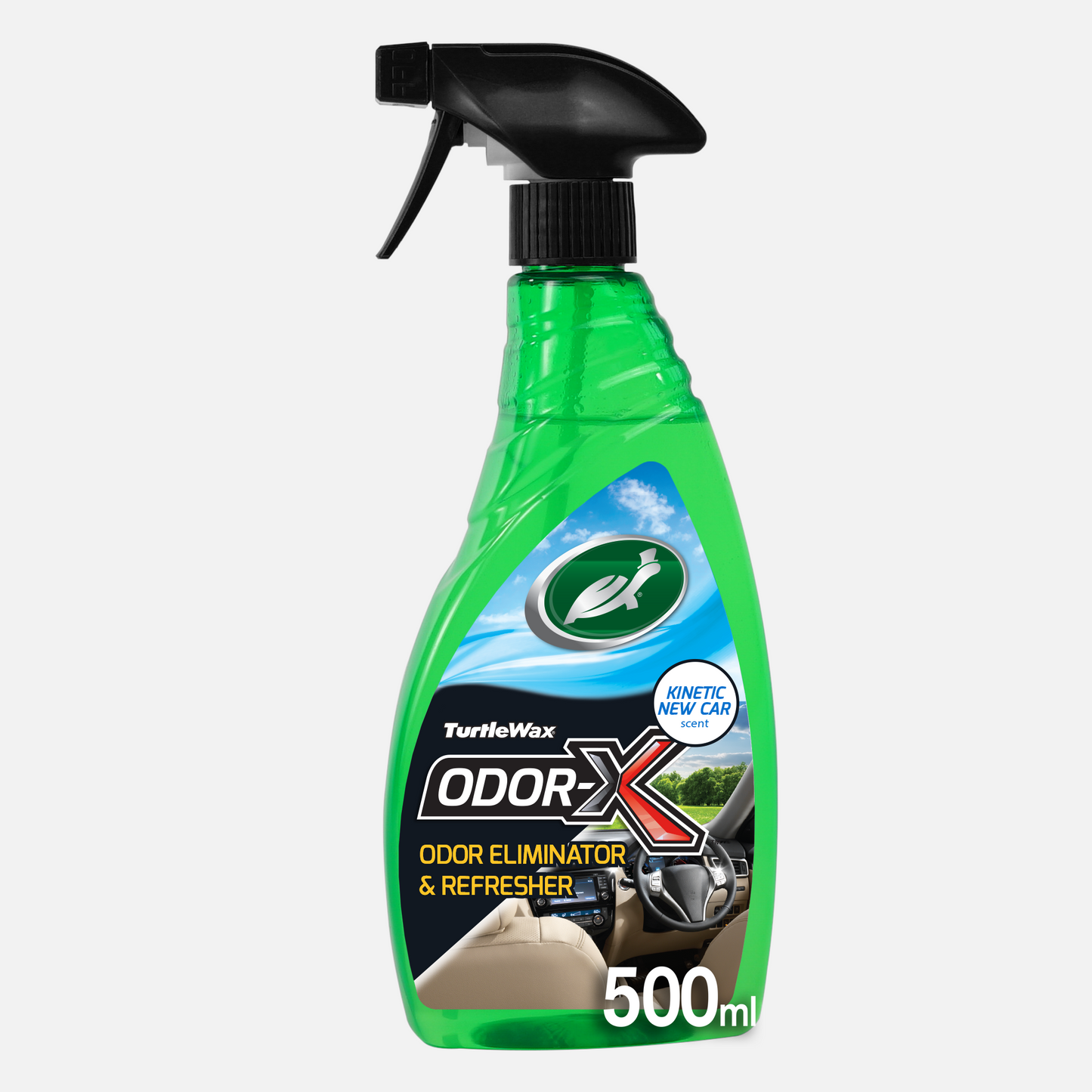 Turtle Wax Odour-X, a car interior deodoriser. The green bottle features a spray nozzle and promises to eliminate odours.