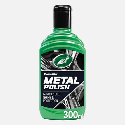 Green Turtle Wax metal polish bottle. The formula removes rust and protects, giving a brilliant mirror finish on all metal types.
