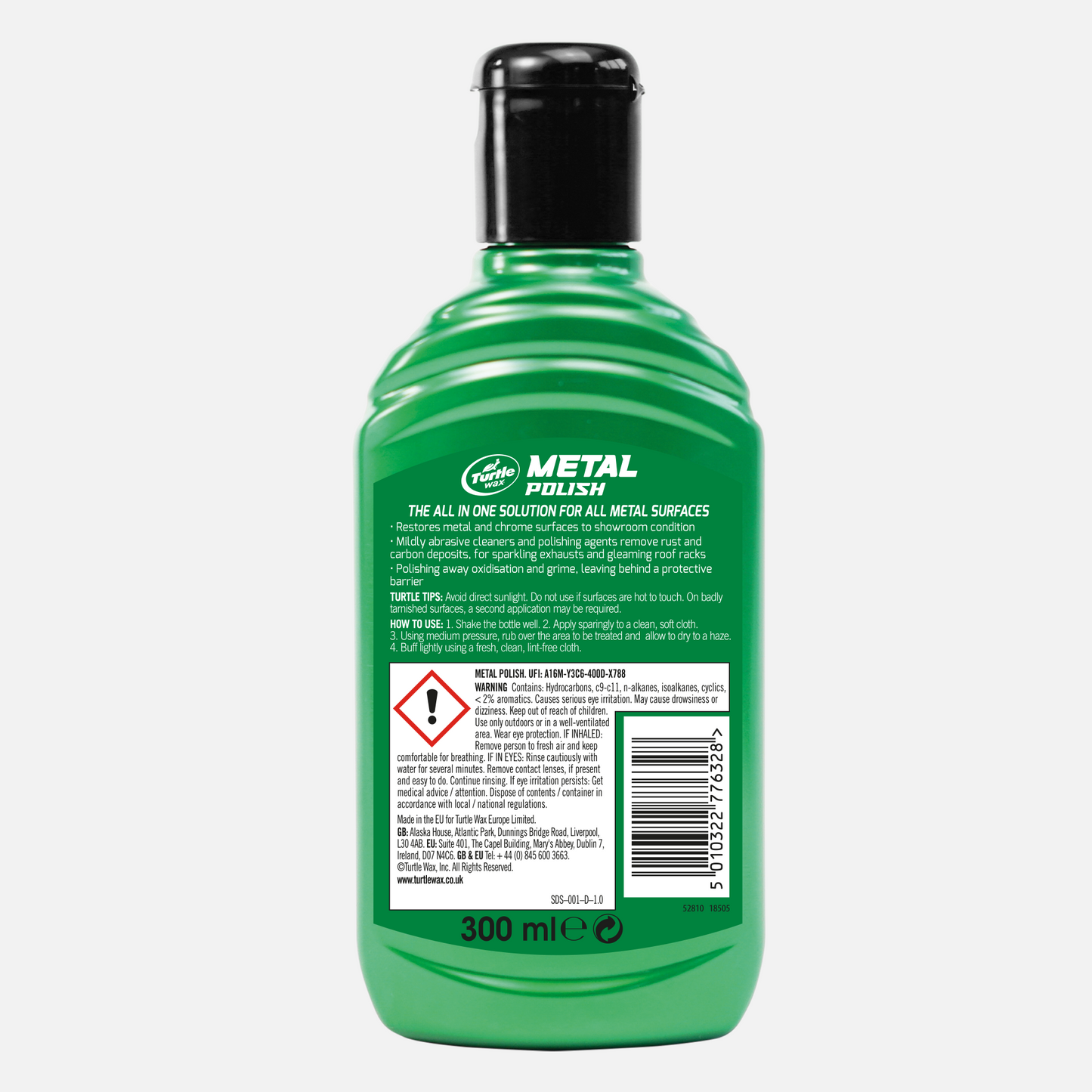 Turtle Wax Metal Polish: 300ml. Restores metal and chrome to a showroom finish. Removes rust, carbon & oxidisation for gleaming results.