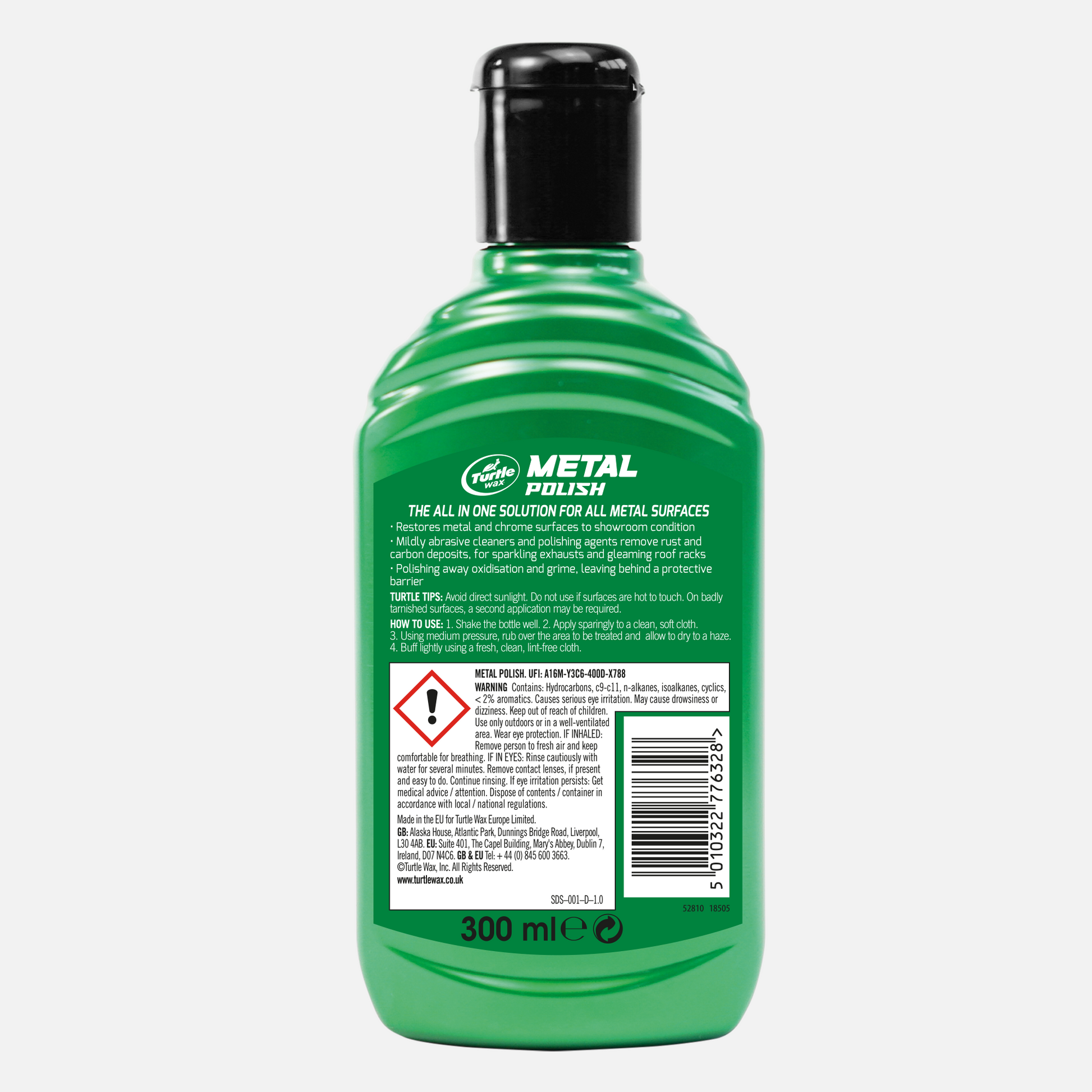 Turtle Wax Metal Polish: 300ml. Restores metal and chrome to a showroom finish. Removes rust, carbon & oxidisation for gleaming results.