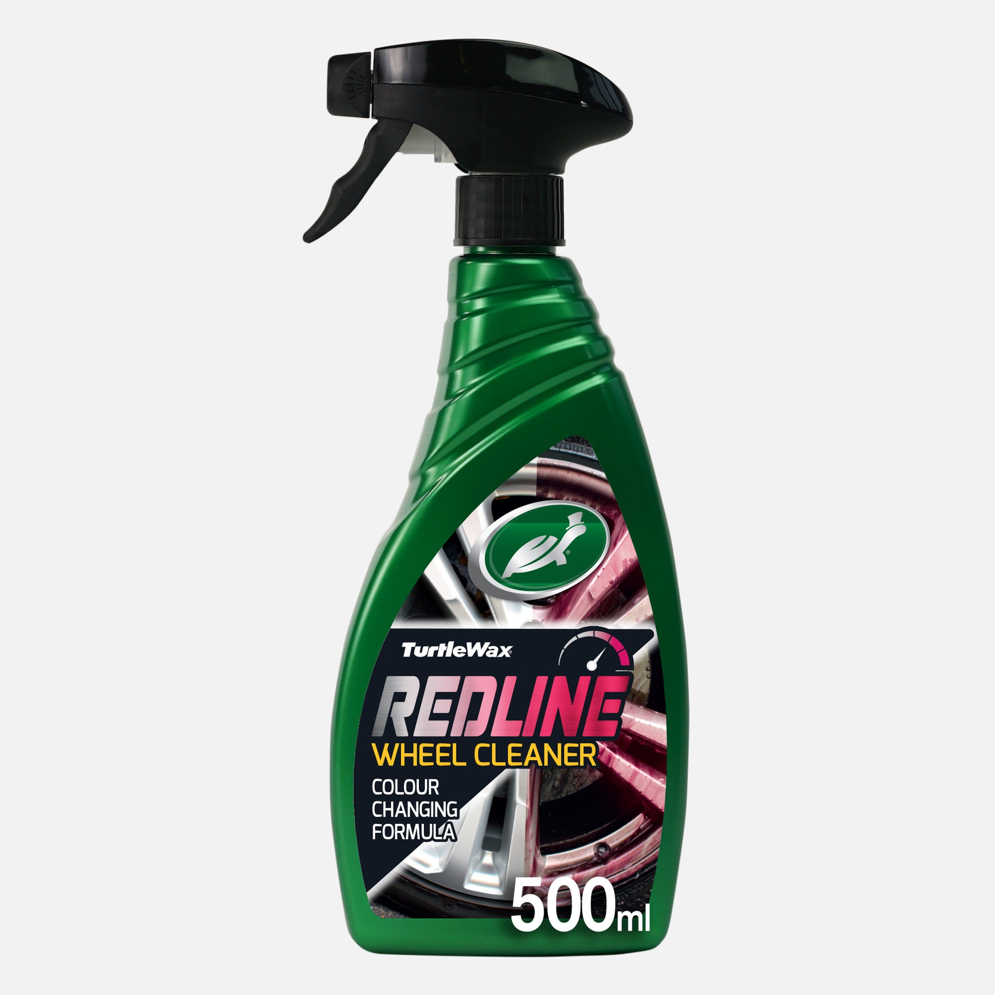 Turtle Wax Redline Wheel Cleaner in a green spray bottle. Colour-changing formula removes brake dust quickly.  pH balanced.
