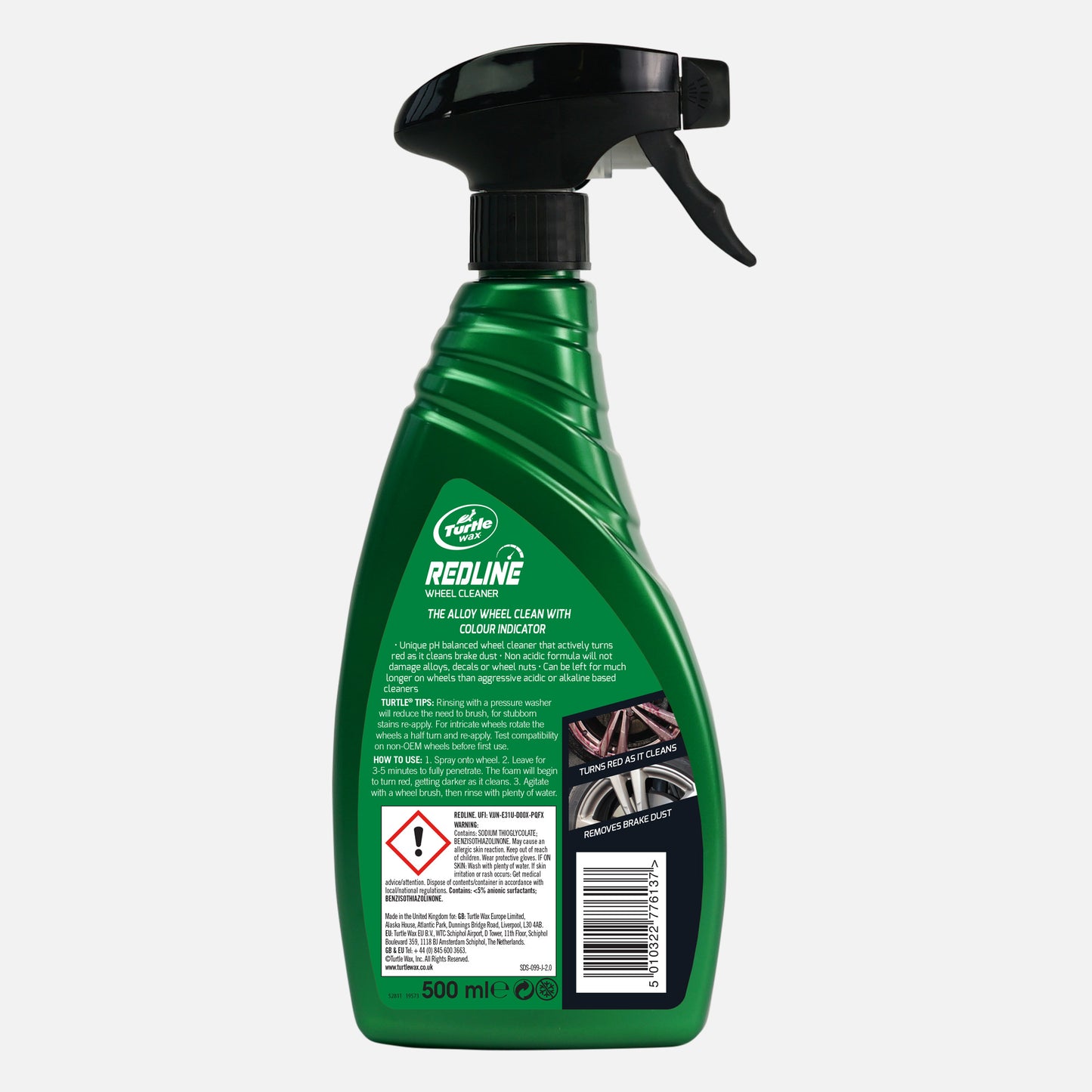 Turtle Wax Redline wheel cleaner. Colour indicator turns red as it removes brake dust. For alloy wheels. 500ml bottle with trigger spray.
