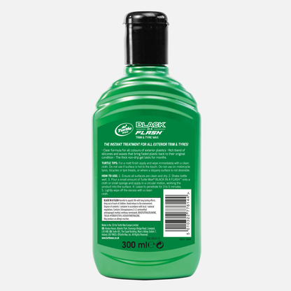 Turtle Wax Black in a Flash. 300ml. Car trim & tyre cleaner and restorer. Green bottle with black lid. Running turtle logo.