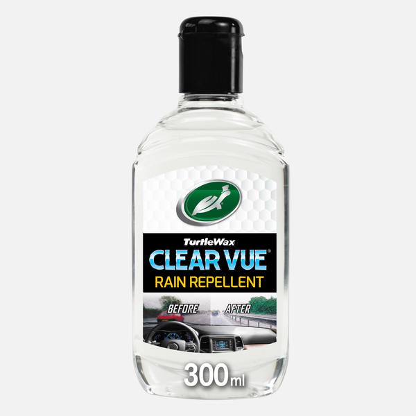 Turtle Wax Clear Vue rain repellent in a 300ml bottle. Car care solution for improved visibility in rain and snow.
