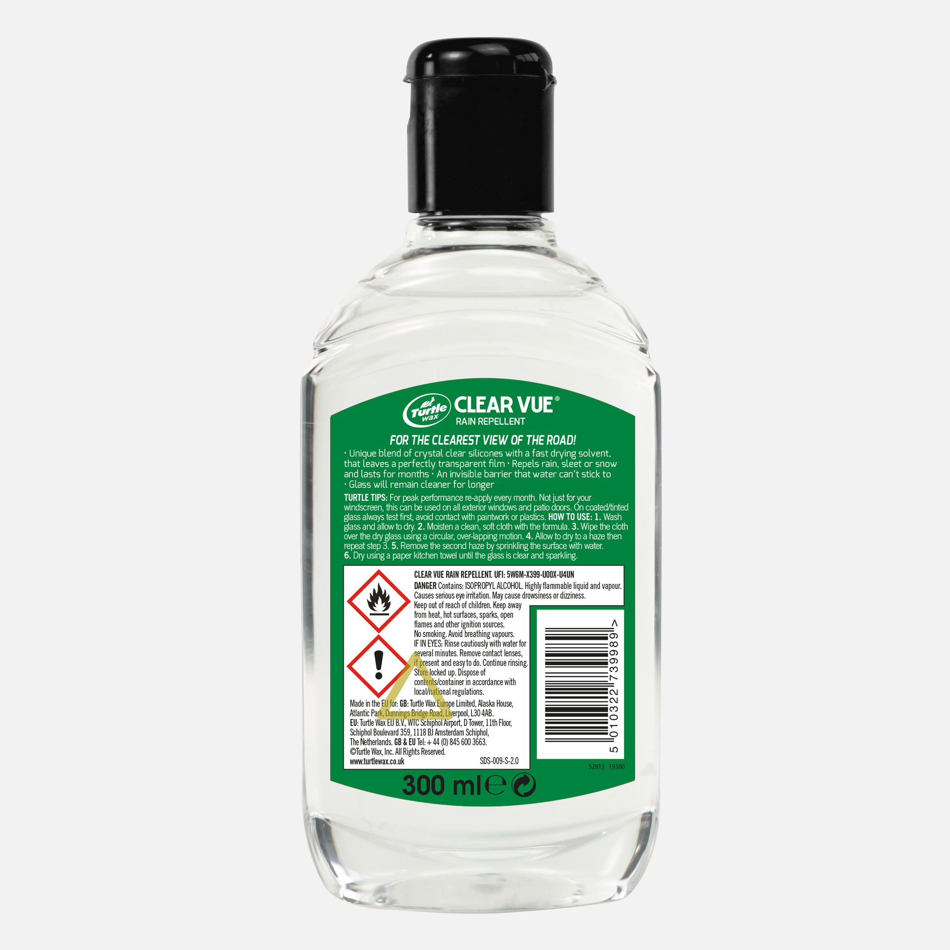 Turtle Wax Clear Vue rain repellent, 300ml. Windscreen treatment improves visibility. Repels rain, sleet and snow. Lasts for months.