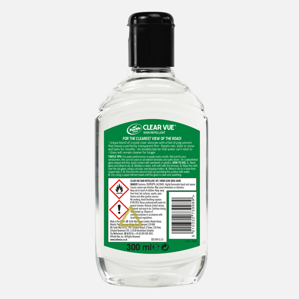 Turtle Wax Clear Vue rain repellent, 300ml. Windscreen treatment improves visibility. Repels rain, sleet and snow. Lasts for months.