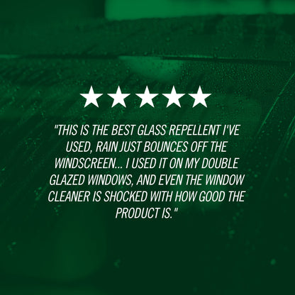 Five-star rating with a testimonial about a glass repellent product on a green background.