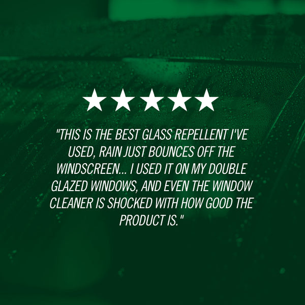 Five-star rating with a testimonial about a glass repellent product on a green background.