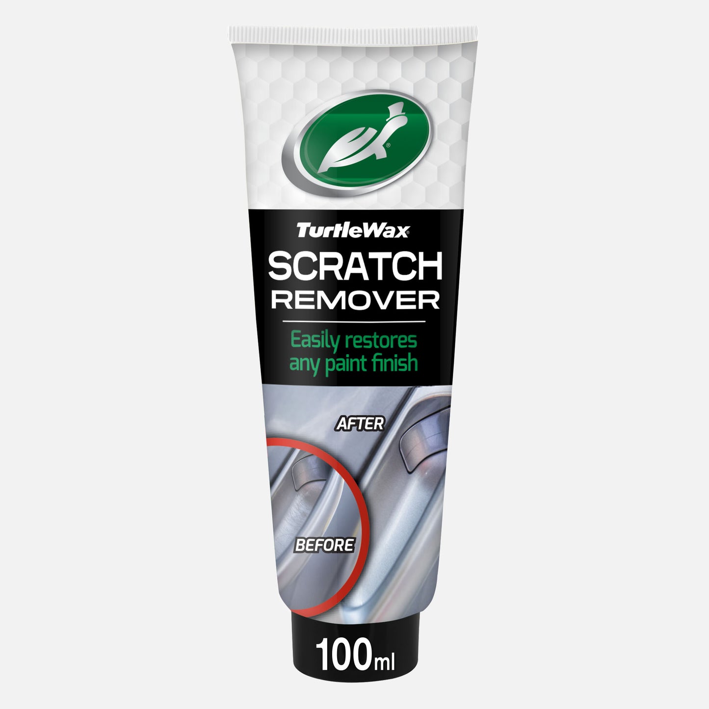 Turtle Wax Scratch Remover, 100ml tube. Features before and after application on car paintwork.
