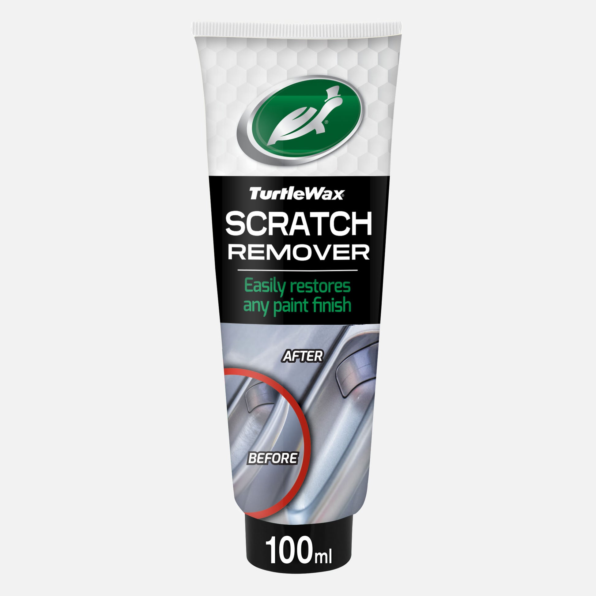 Turtle Wax Scratch Remover, 100ml tube. Features before and after application on car paintwork.