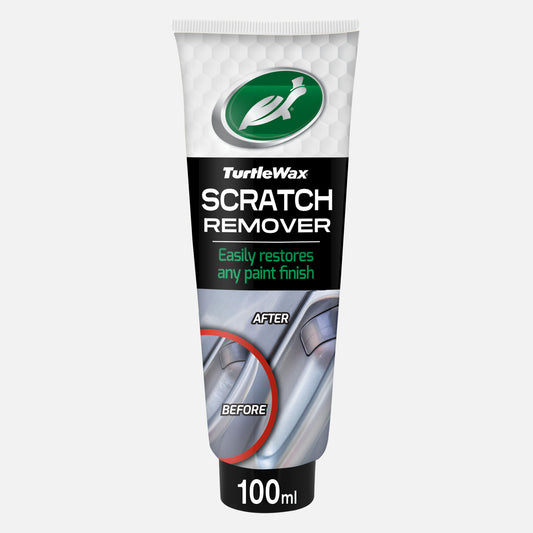Turtle Wax Scratch Remover, 100ml tube. Features before and after application on car paintwork.
