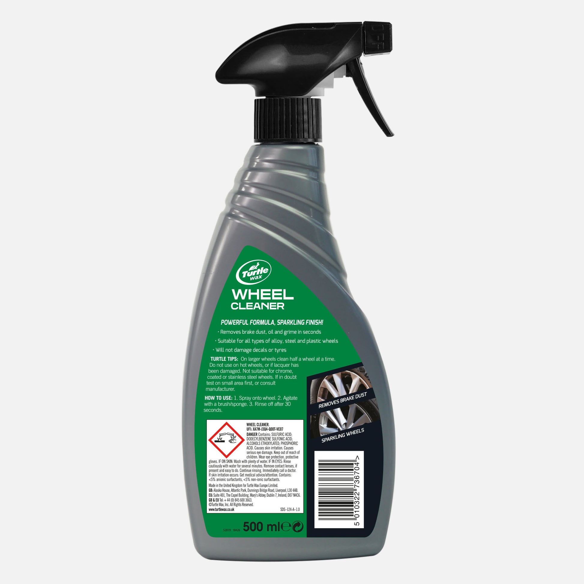 Turtle Wax Wheel Cleaner 500ml. Powerful alloy, steel, & plastic wheel cleaner. Removes brake dust & grime for a sparkling finish.
