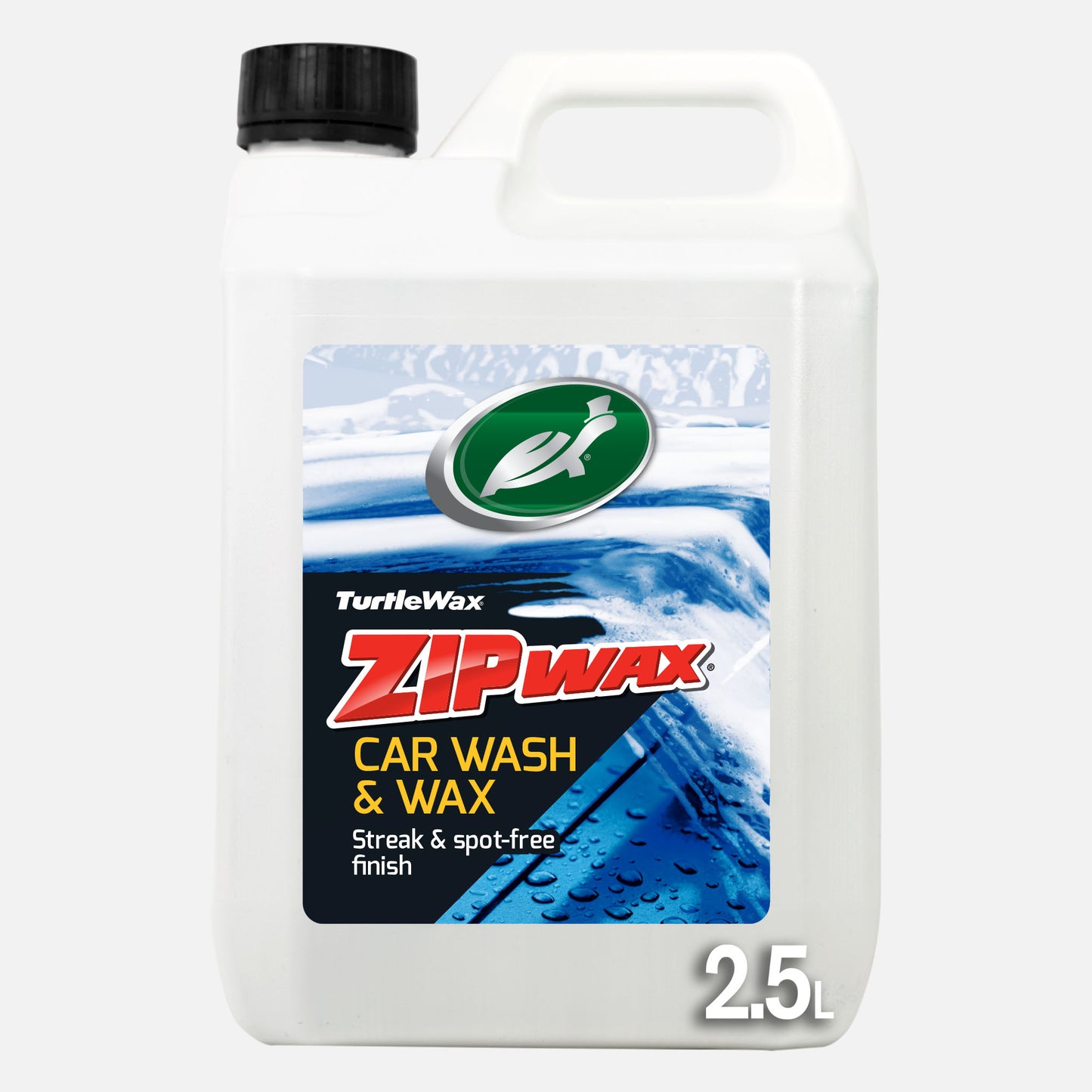 Turtle Wax Zip Wax: a 2.5L bottle of car wash & wax, featuring streak-free finish and Carnauba protection, ideal for quick cleaning.
