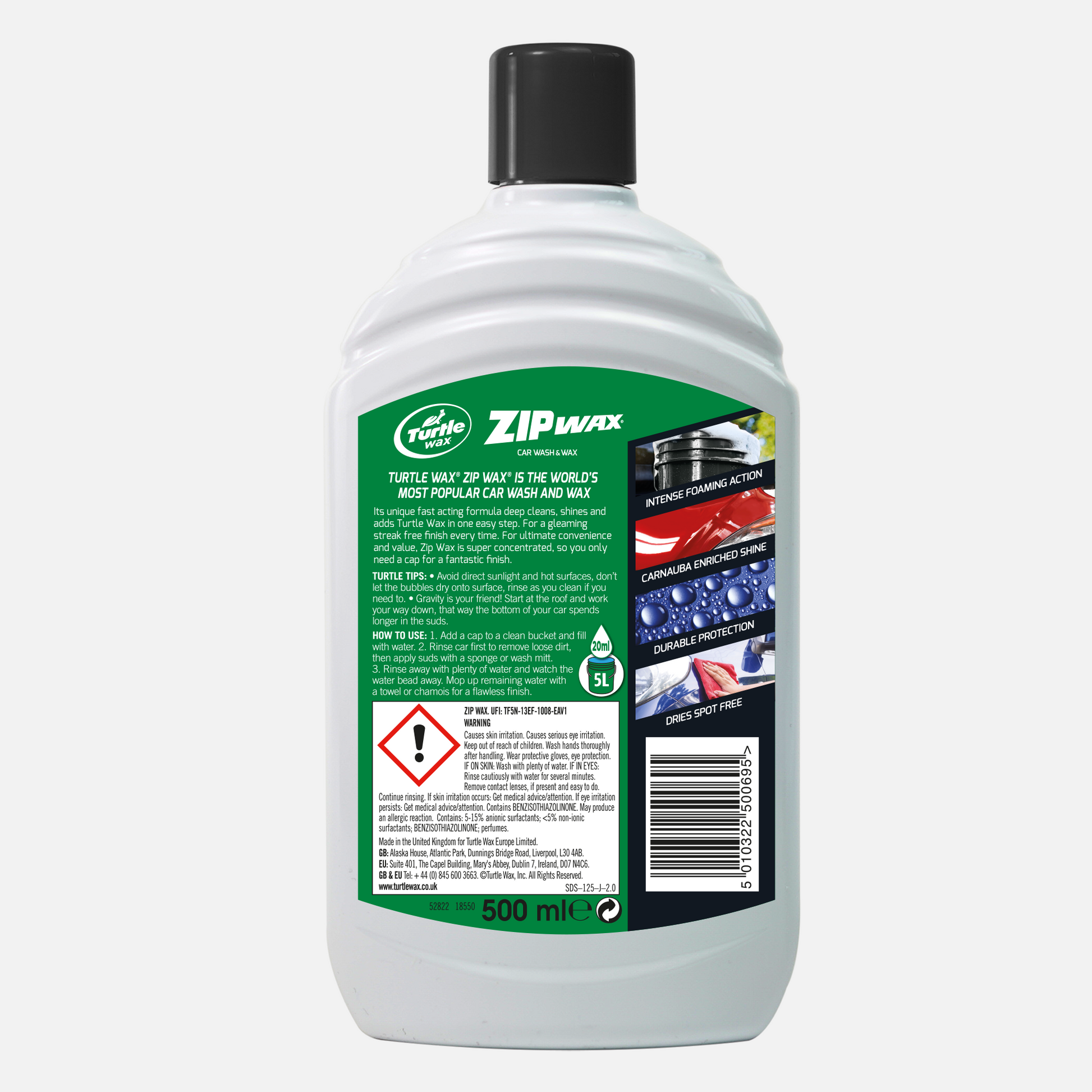 Turtle Wax Zip Wash & Wax. Concentrated liquid for intense foam, durable car protection, carnuba shine, dries spot free, 500ml.