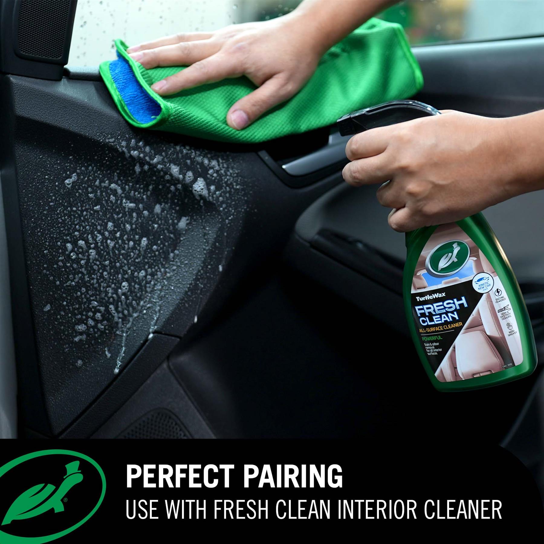 Fresh Clean Wonder Cloth being used on a car with Fresh Clean All Surface Cleaner
