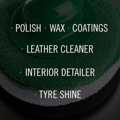 Green car detailing product with text listing car care products on a dark background