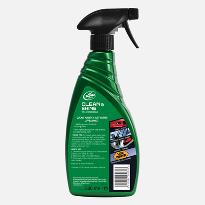 Turtle Wax Clean & Shine exterior detailer. 500ml spray bottle for car paint, glass, rubber, wheels, safe, waterless cleaning.