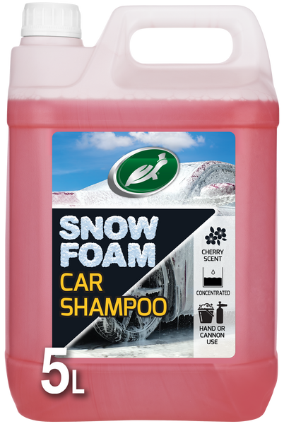 Turtle Wax Snow Foam Shampoo, 5L. Concentrated, cherry-scented formula cleans your car leaving a long-lasting foam blanket. Hand or cannon use.