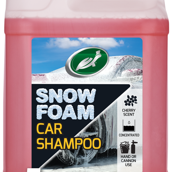 Turtle Wax Snow Foam Shampoo, 5L. Concentrated, cherry-scented formula cleans your car leaving a long-lasting foam blanket. Hand or cannon use.