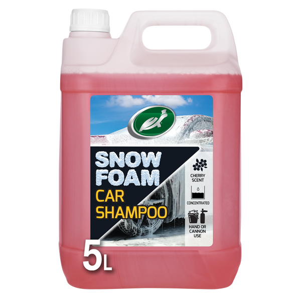 Turtle Wax Snow Foam Shampoo, 5L. Concentrated, cherry-scented formula cleans your car leaving a long-lasting foam blanket. Hand or cannon use.