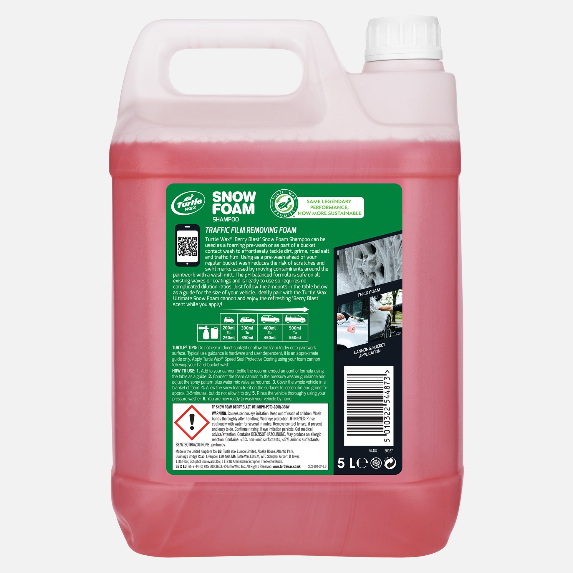 5L Snow Foam car wash solution. Featuring Turtle Wax branding. For automotive detailing and valeting. Made in the UK.