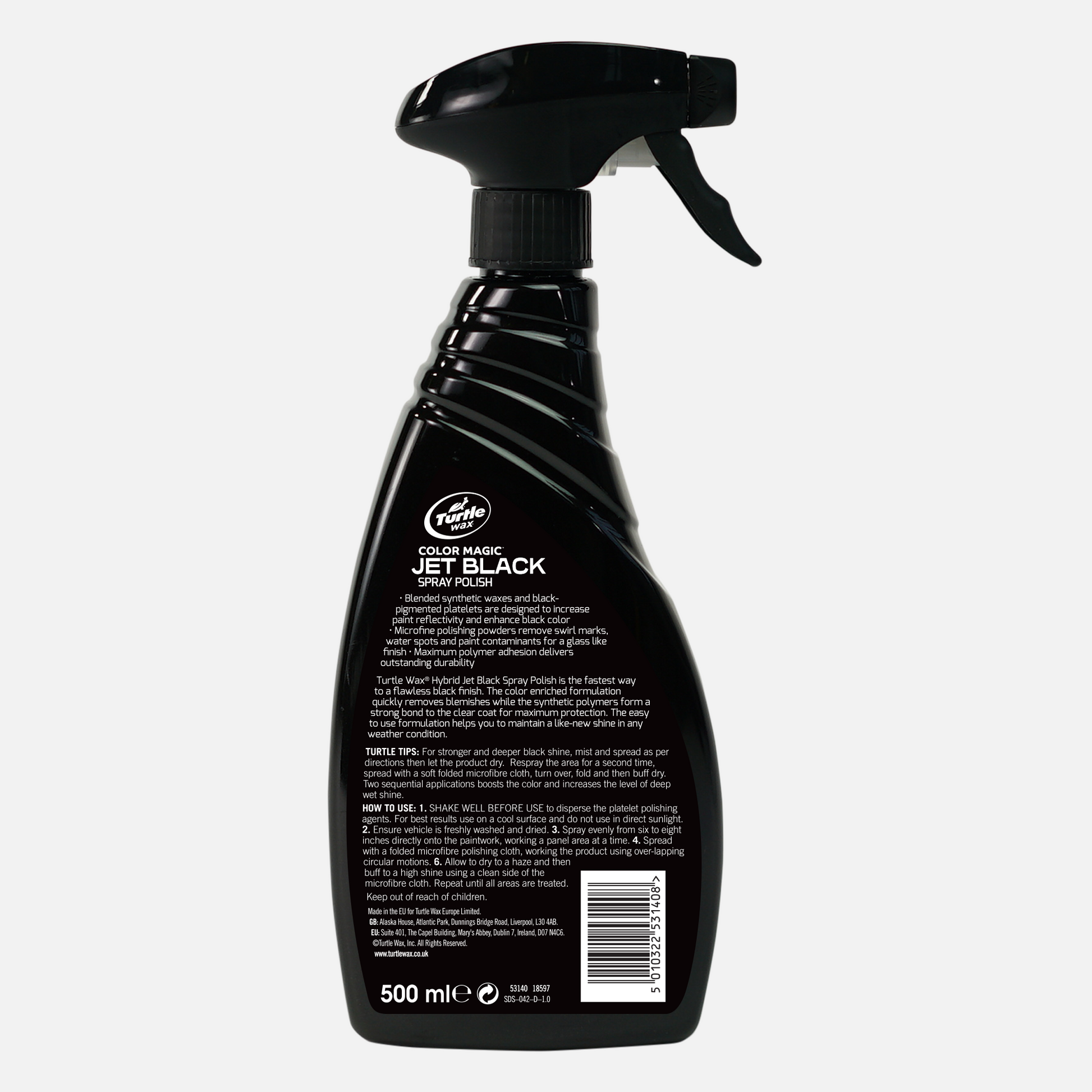 Turtle Wax Jet Black Spray Polish. 500ml bottle. Enhances & protects dark paintwork, removing swirl marks. Ideal for car detailing.