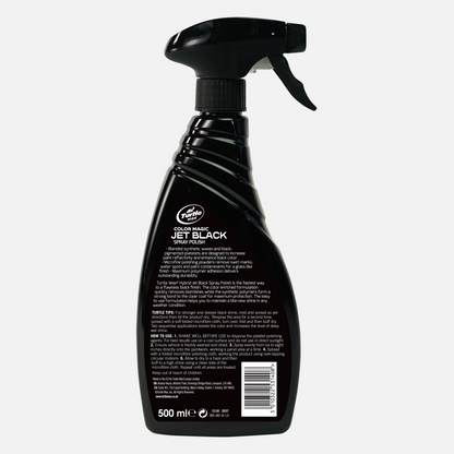 Turtle Wax Jet Black Spray Polish. 500ml bottle. Enhances & protects dark paintwork, removing swirl marks. Ideal for car detailing.