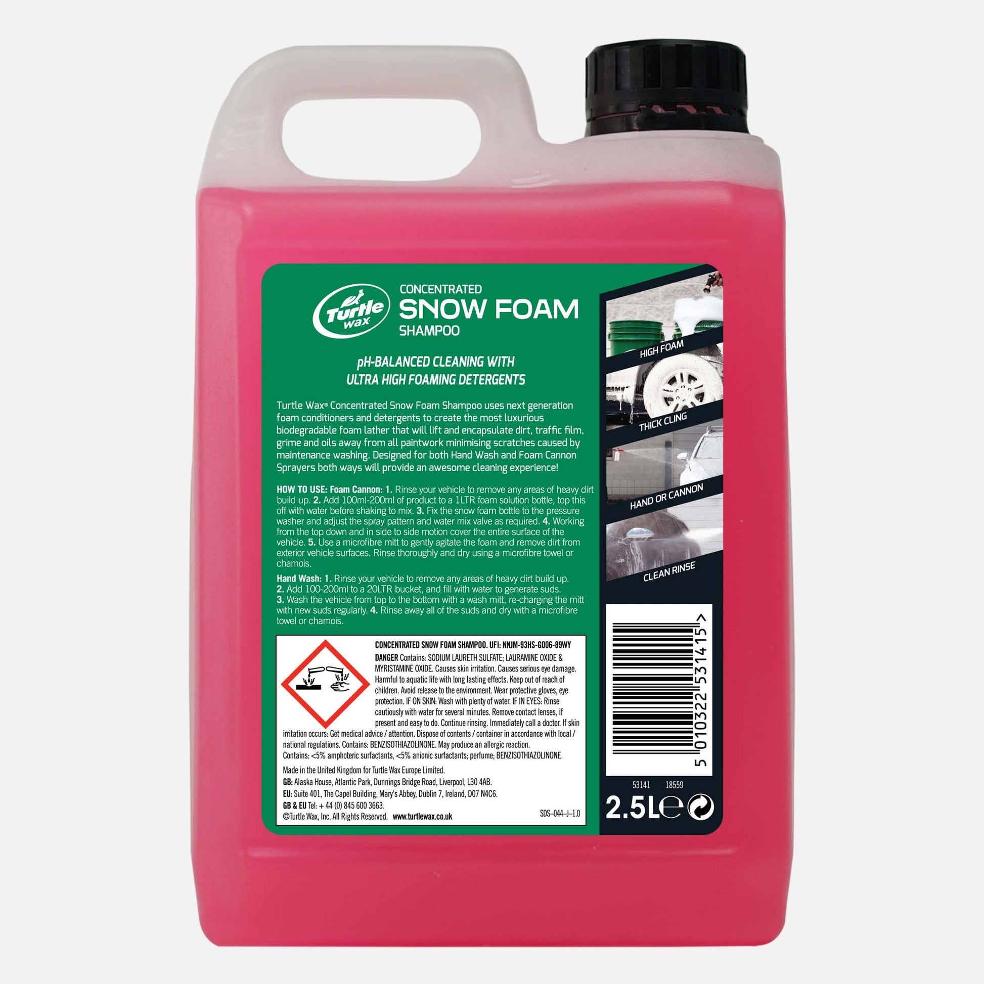 Turtle Wax Snow Foam (2.5L). Hydrophobic polymers ensure streak-free rinsing and drying. Car wash concentrate with wax. Made in UK.