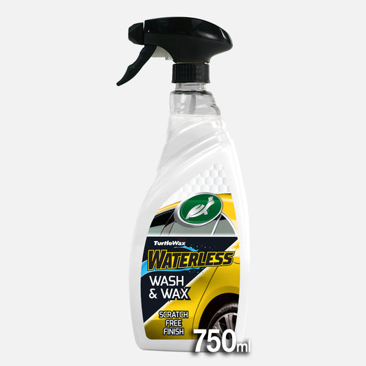 Turtle Wax Waterless Wash & Wax in a yellow spray bottle. Car cleaning product with a hybrid formula for a scratch-free finish.