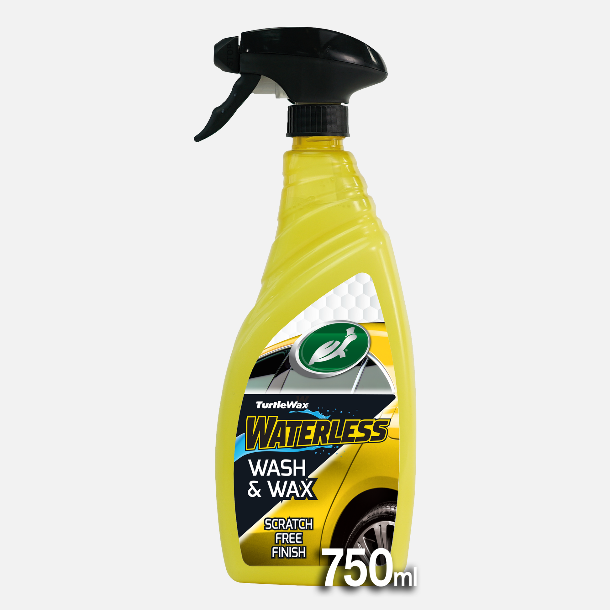 Turtle Wax Waterless Wash & Wax in a yellow spray bottle. Car cleaning product with a hybrid formula for a scratch-free finish.