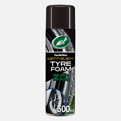 Turtle Wax Wet'n Black Tyre Foam offers a glossy, clean look. Car care product with fast-drying formula and no sling effect.