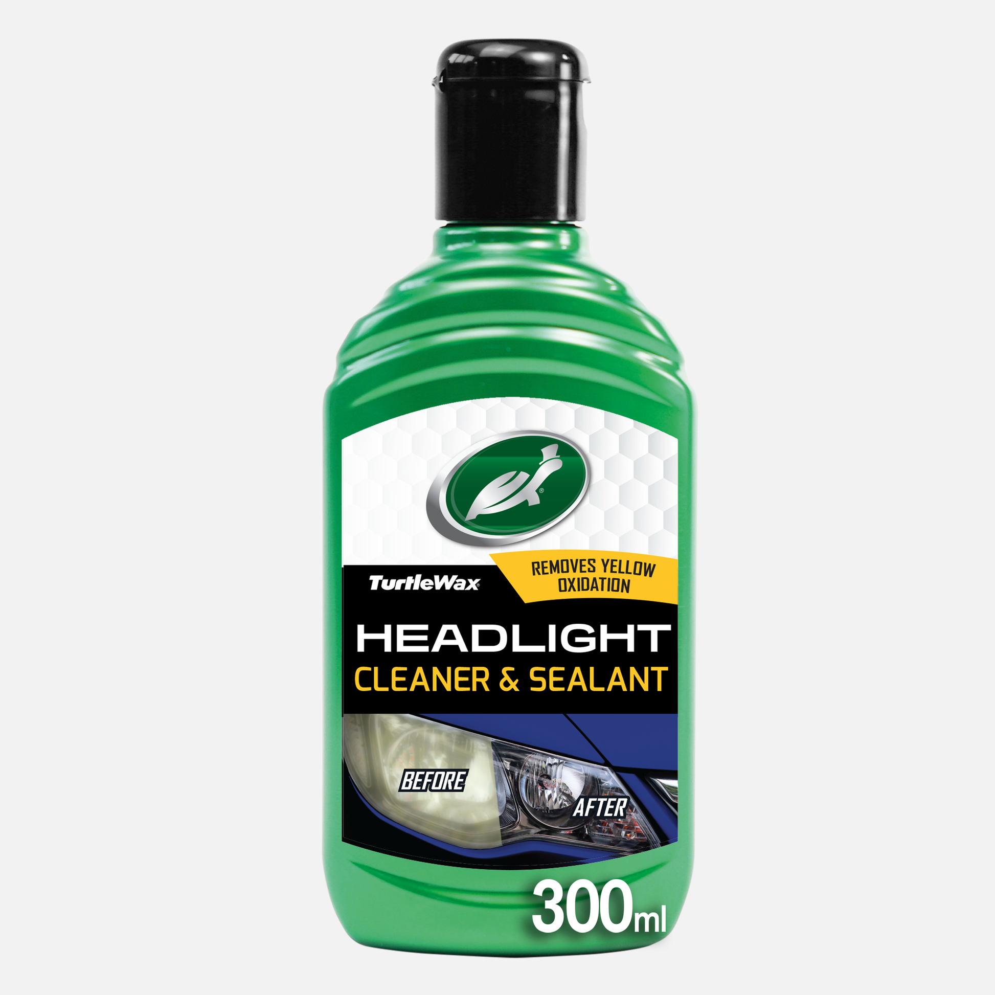 Turtle Wax Headlight Cleaner & Sealant 300ml. Restores clarity, removes yellowing, protects and seals vehicle headlights. Shows running turtle logo.
