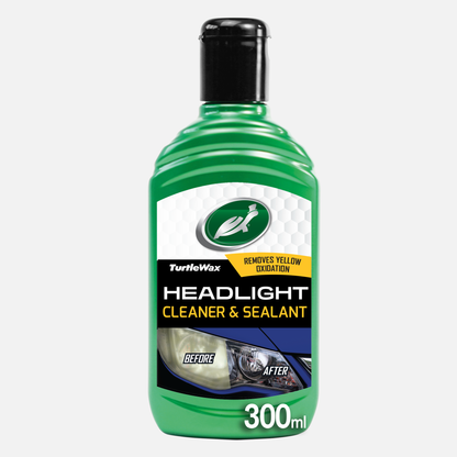 Turtle Wax Headlight Cleaner & Sealant 300ml. Restores clarity, removes yellowing, protects and seals vehicle headlights. Shows running turtle logo.
