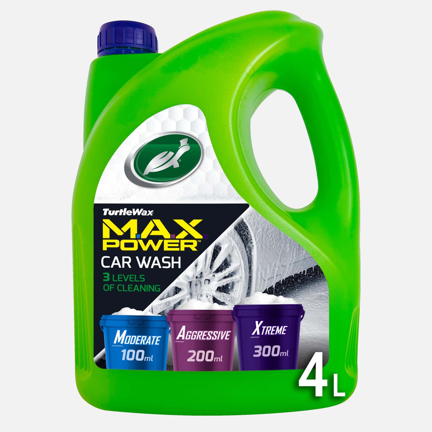 Turtle Wax Max Power car wash offers 3 levels of cleaning. The green bottle shows quantities for dirt, bugs, mud, salt and brake dust removal.
