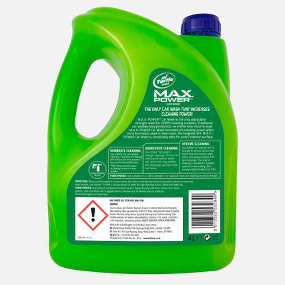 Turtle Wax Max Power 4L. Adjustable strength car wash for effective cleaning. Removes dirt, salt, and grime. Foam sprayer ready.