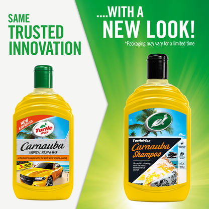 Turtle Wax Carnauba Wash & Wax, ultra-slick cleaning for cars. Carnauba enriched shampoo in yellow bottle.
