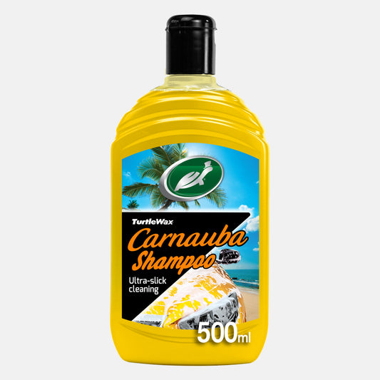 Turtle Wax Carnauba Shampoo cleans and waxes in one step. Tropical scent and water-repelling properties.