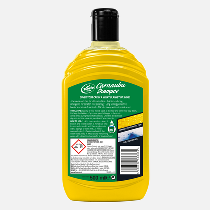 Turtle Wax Carnauba Shampoo, back of bottle 500ml. Car wash for ultimate shine. Wax-enriched, scratch-free cleaning. Long-lasting protection.
