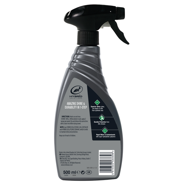 Turtle Wax Hybrid Solutions bottle for car detailing. Offers shine and durable protection in one step, with ceramic and hydrophobic polymers. 500ml.