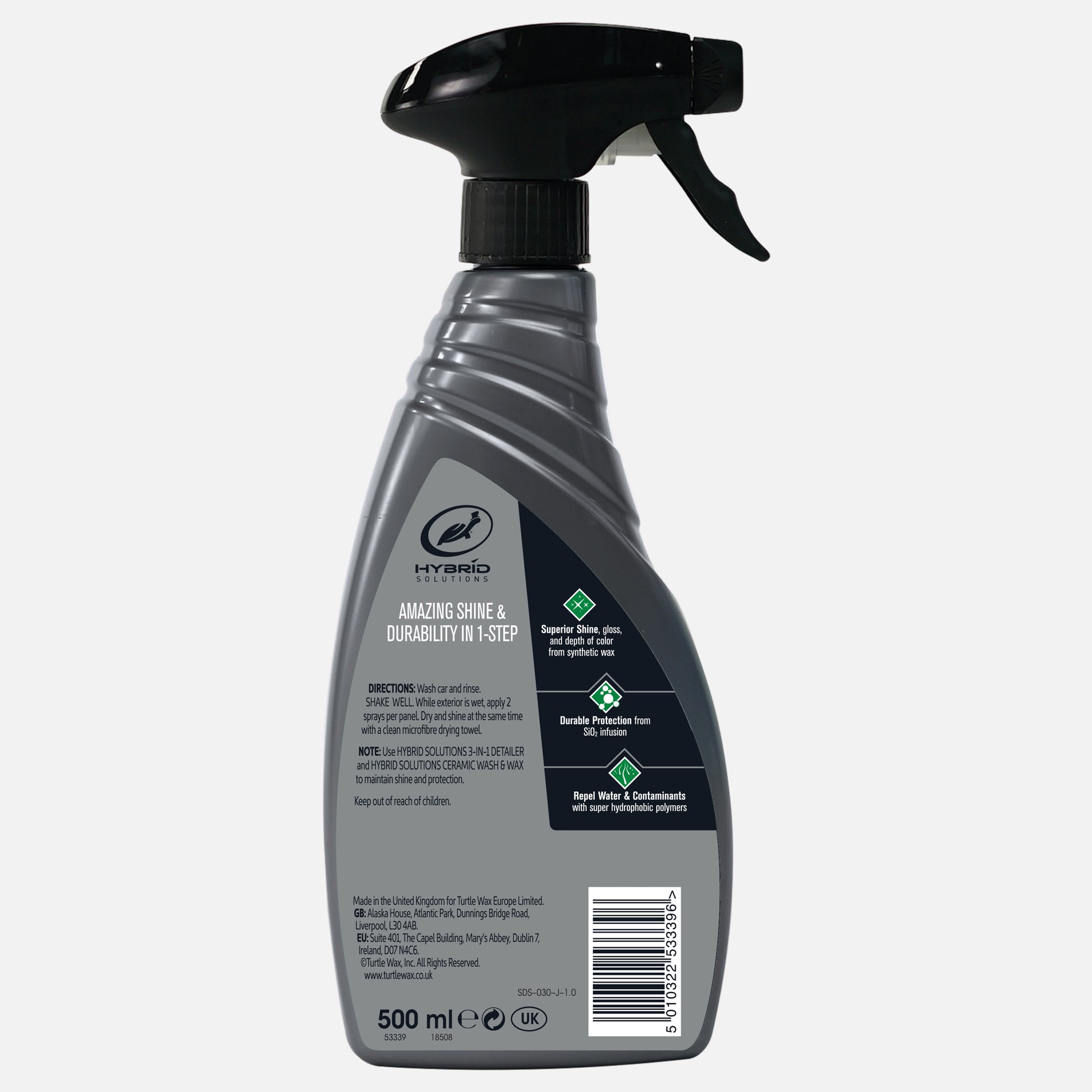 Turtle Wax Hybrid Solutions bottle for car detailing. Offers shine and durable protection in one step, with ceramic and hydrophobic polymers. 500ml.