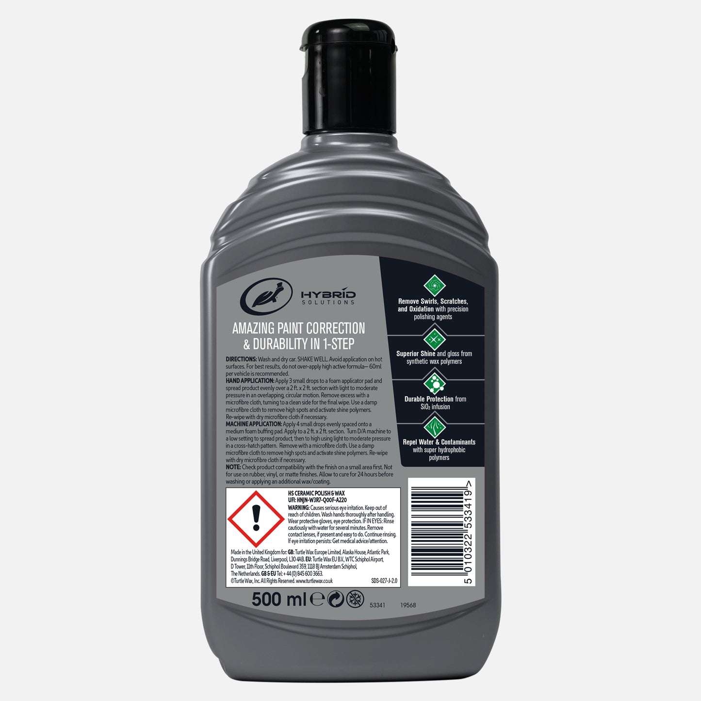 Grey bottle of Turtle Wax Hybrid Solutions polish. 
Removes scratches, adds shine, protects with SiO2, and repels water. 500ml.