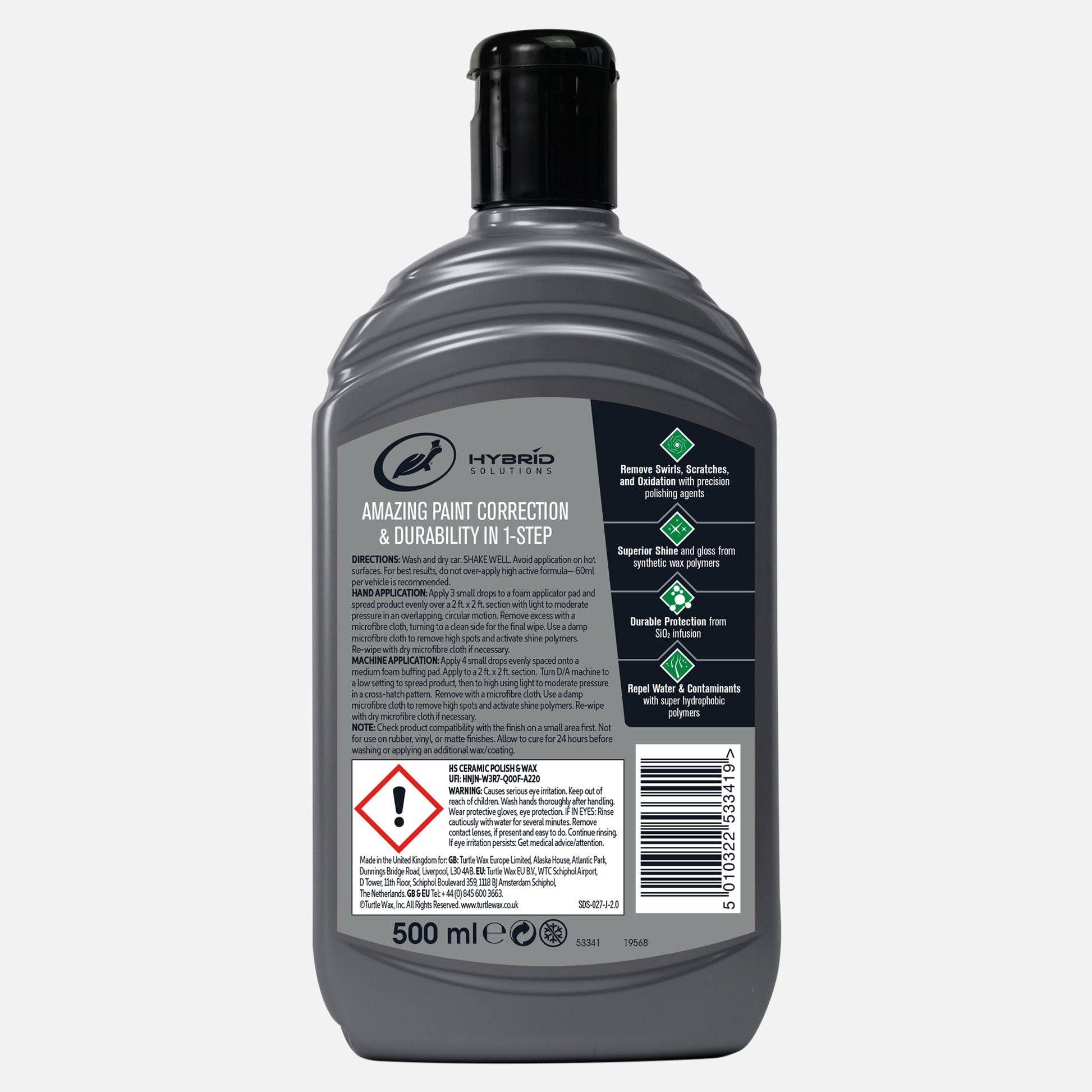 Grey bottle of Turtle Wax Hybrid Solutions polish. 
Removes scratches, adds shine, protects with SiO2, and repels water. 500ml.
