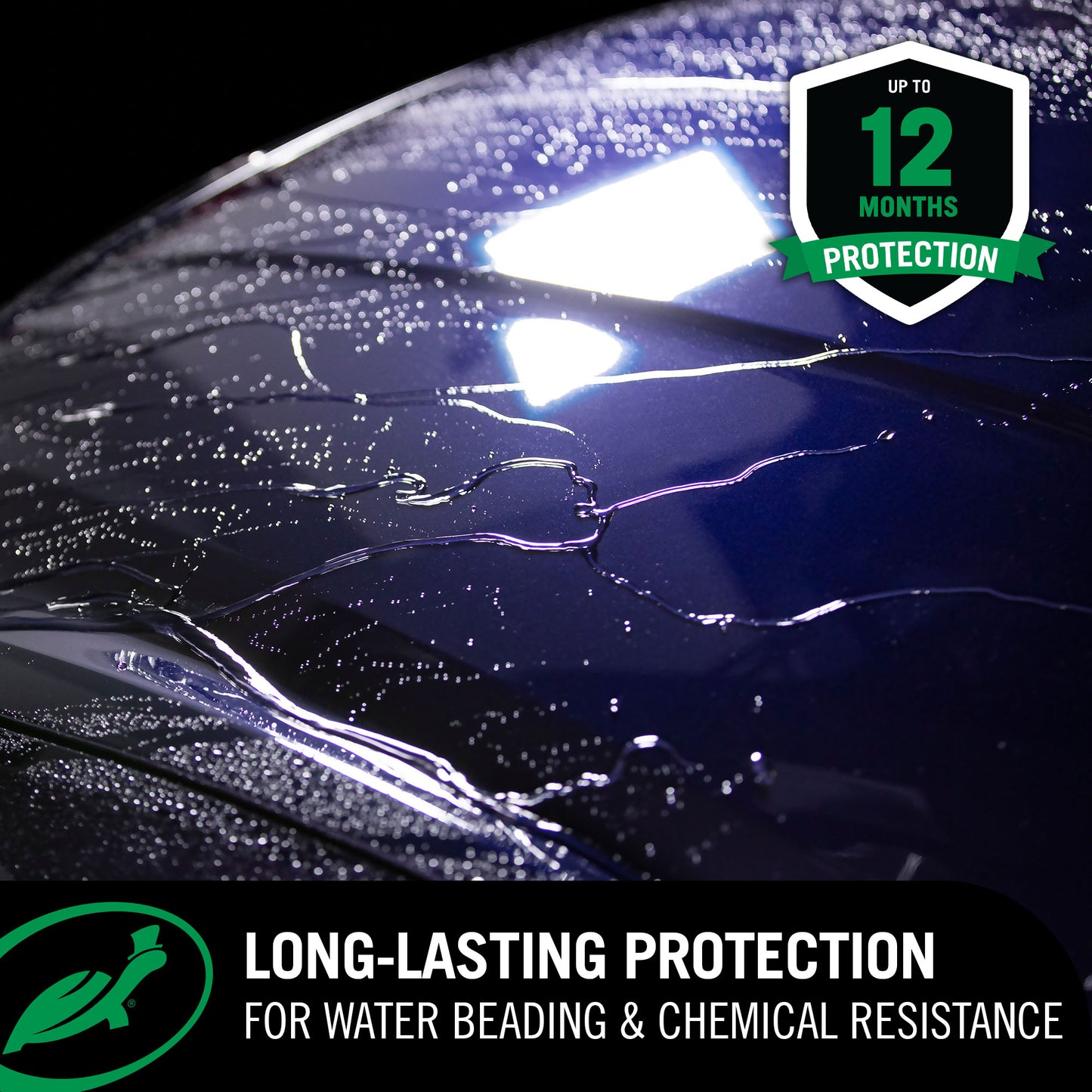 Car hood with water beading and chemical resistance protection, showing 'Up to 12 Months Protection' badge.