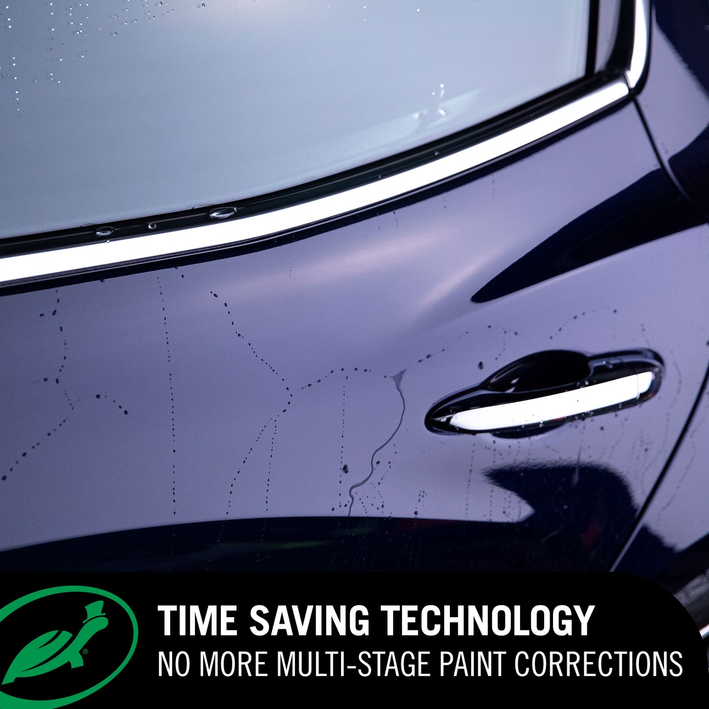 Car door with reflective strip and text about time-saving technology for paint corrections.