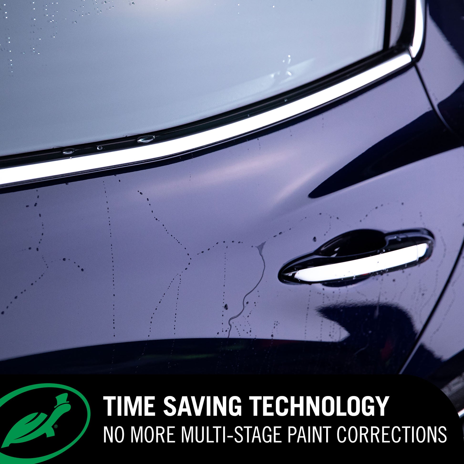 Car door with reflective strip and text about time-saving technology for paint corrections.