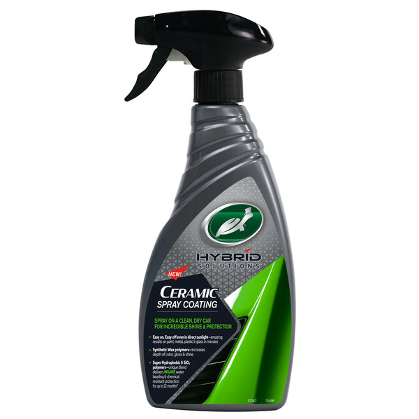 Turtle Wax Hybrid Solutions ceramic coating spray. Grey bottle with black spray trigger. For car shine and protection.