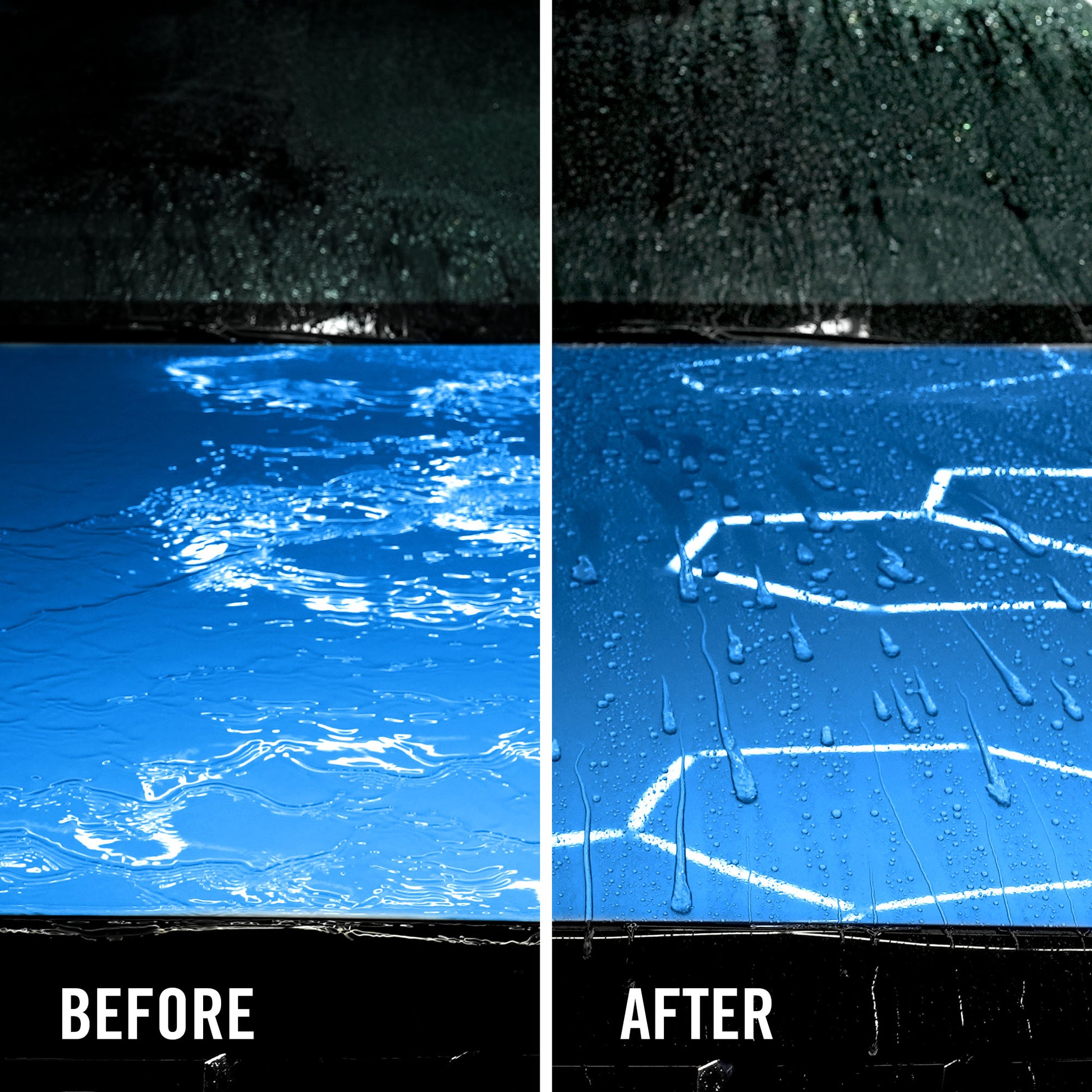 Before and after comparison of a car bonnet with raindrops.
