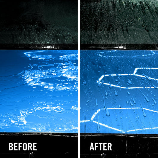Before and after comparison of a car bonnet with raindrops.