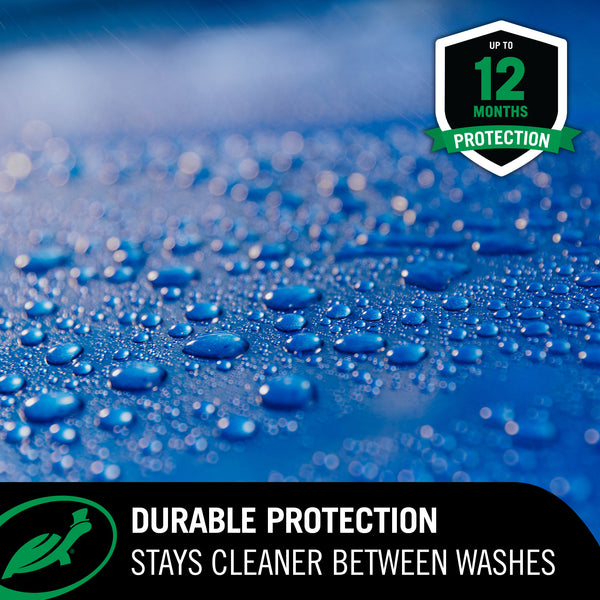 Close-up of water droplets on a blue surface with '12 Months Protection' badge and text about durable protection.